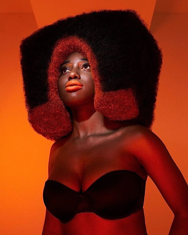 Sculpted textured hair on orange backdrop